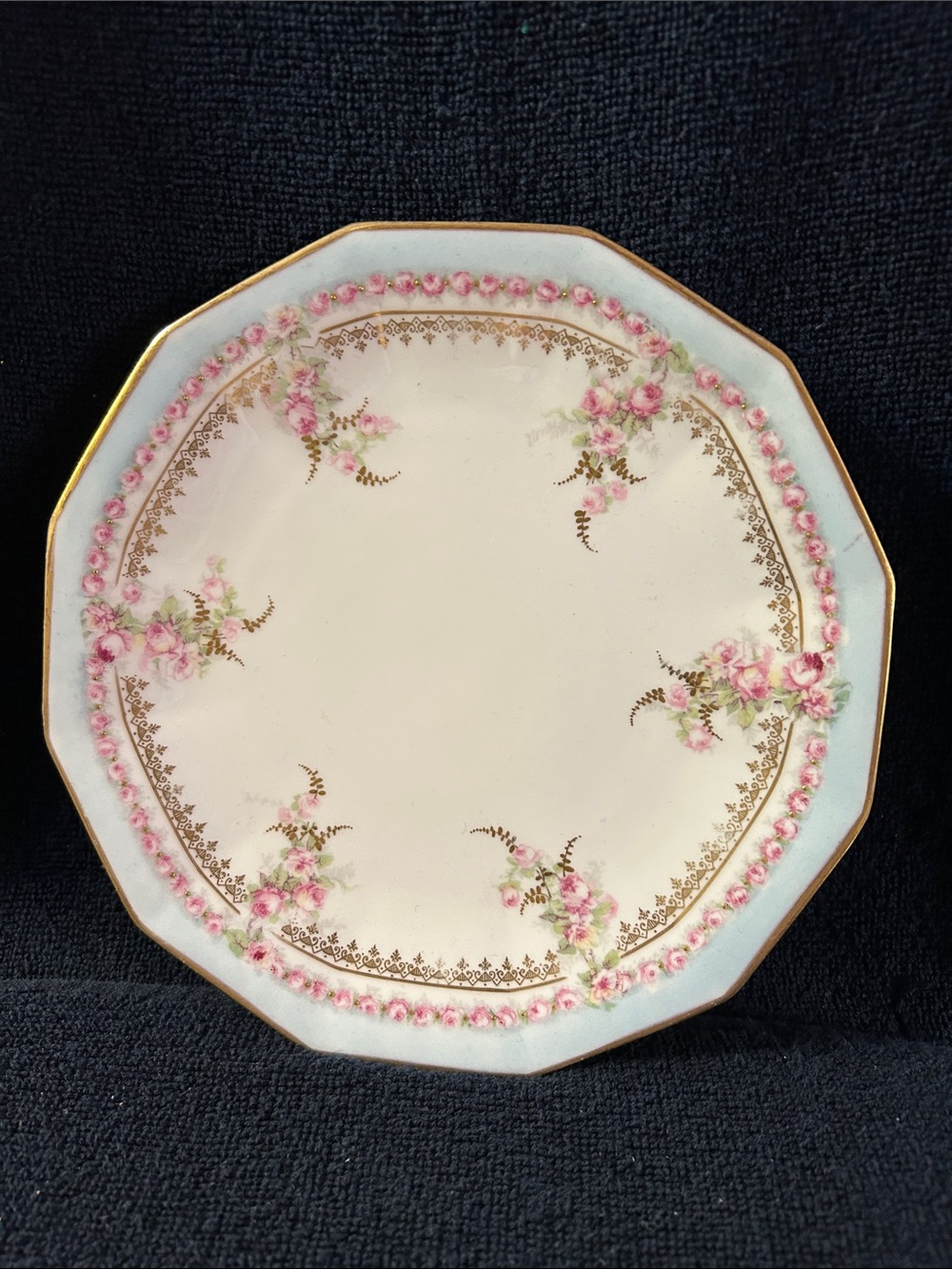 LS&S Limoges France Vintage Pink Rose Garlands Gold Rim Plate Pale Blue Border